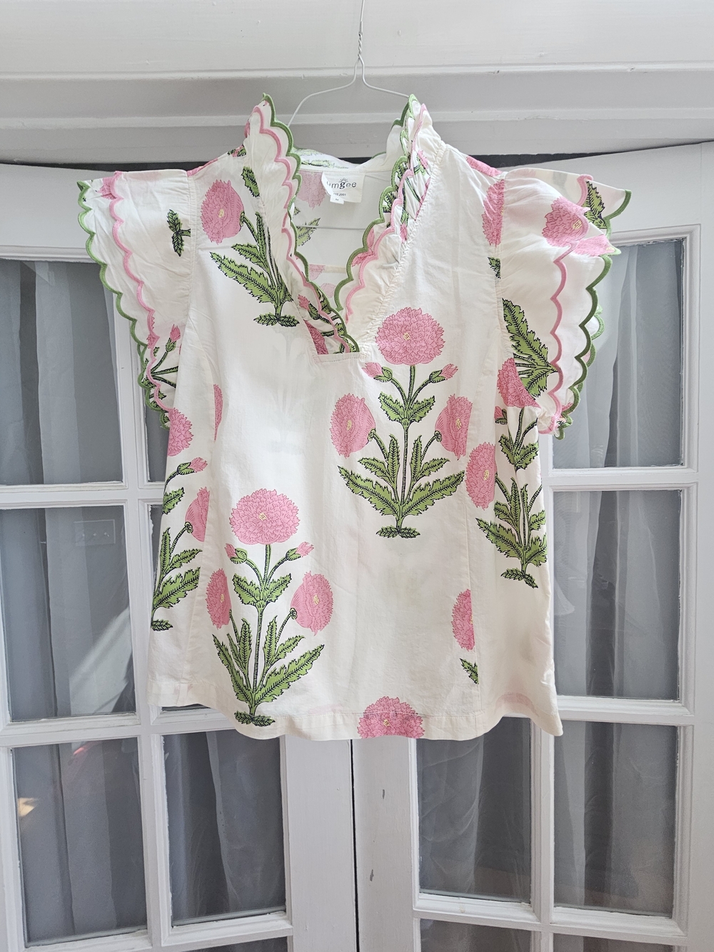 Umgee White Flutter Sleeve Embroidered Floral Top - Pink & Green